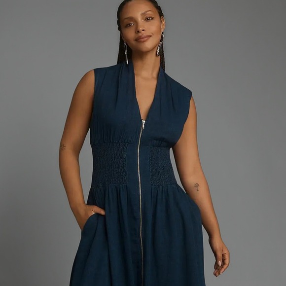Maeve by Anthropologie Tommie Smocked Front Zip Denim Midi Dress Blue Sz M - Picture 3 of 12